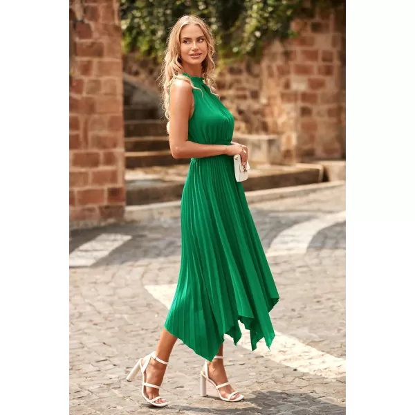 imagePRETTYGARDEN Summer Dress for Women Elegant Halter Neck Cut Out Irregular Hem Pleated Midi ALine Flowy DressesGreen