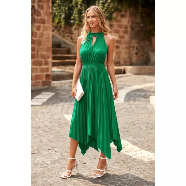 imagePRETTYGARDEN Summer Dress for Women Elegant Halter Neck Cut Out Irregular Hem Pleated Midi ALine Flowy DressesGreen