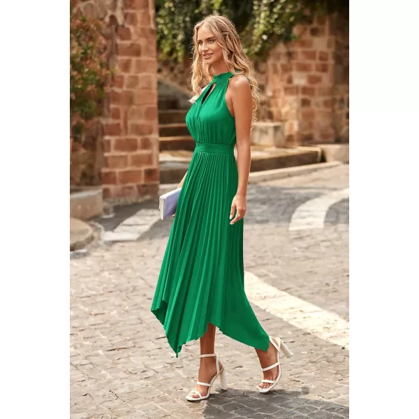 imagePRETTYGARDEN Summer Dress for Women Elegant Halter Neck Cut Out Irregular Hem Pleated Midi ALine Flowy DressesGreen