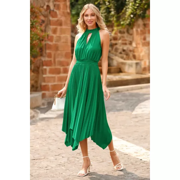 imagePRETTYGARDEN Summer Dress for Women Elegant Halter Neck Cut Out Irregular Hem Pleated Midi ALine Flowy DressesGreen