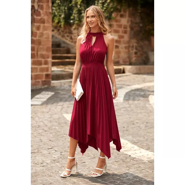 imagePRETTYGARDEN Summer Dress for Women Elegant Halter Neck Cut Out Irregular Hem Pleated Midi ALine Flowy DressesJujube Red