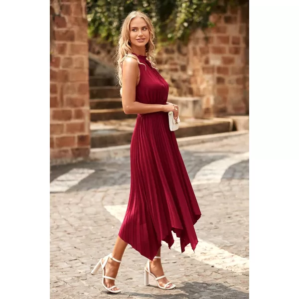 imagePRETTYGARDEN Summer Dress for Women Elegant Halter Neck Cut Out Irregular Hem Pleated Midi ALine Flowy DressesJujube Red