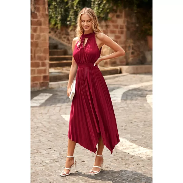 imagePRETTYGARDEN Summer Dress for Women Elegant Halter Neck Cut Out Irregular Hem Pleated Midi ALine Flowy DressesJujube Red