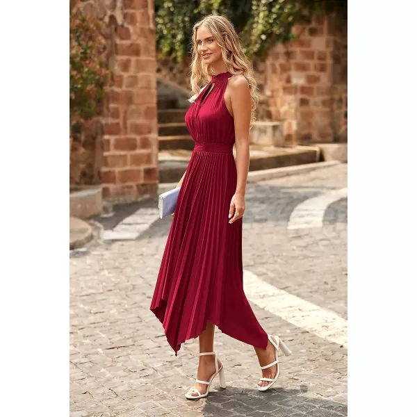 imagePRETTYGARDEN Summer Dress for Women Elegant Halter Neck Cut Out Irregular Hem Pleated Midi ALine Flowy DressesJujube Red