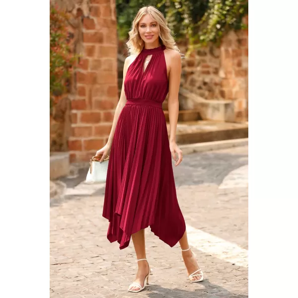 imagePRETTYGARDEN Summer Dress for Women Elegant Halter Neck Cut Out Irregular Hem Pleated Midi ALine Flowy DressesJujube Red