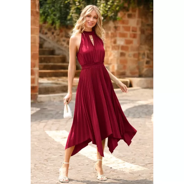 imagePRETTYGARDEN Summer Dress for Women Elegant Halter Neck Cut Out Irregular Hem Pleated Midi ALine Flowy DressesJujube Red