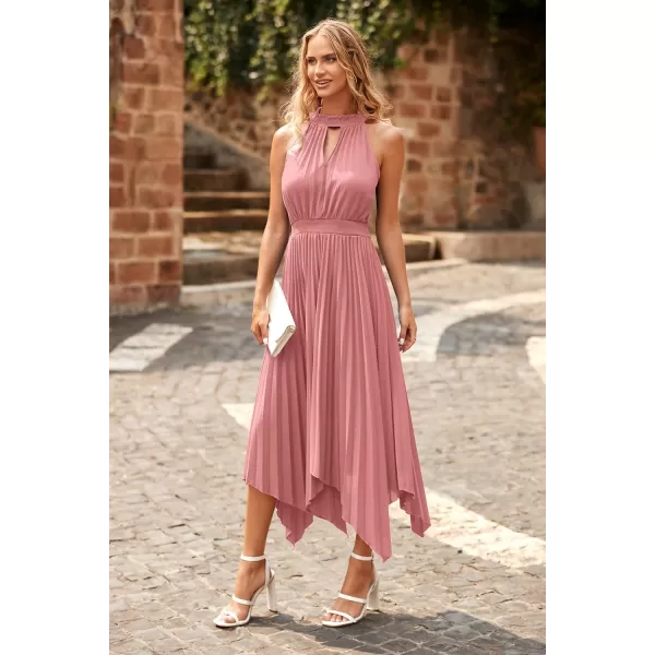 imagePRETTYGARDEN Summer Dress for Women Elegant Halter Neck Cut Out Irregular Hem Pleated Midi ALine Flowy DressesPink