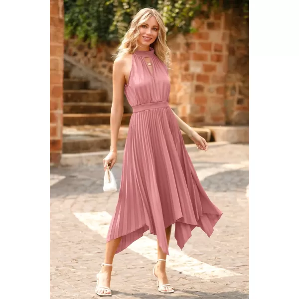 imagePRETTYGARDEN Summer Dress for Women Elegant Halter Neck Cut Out Irregular Hem Pleated Midi ALine Flowy DressesPink