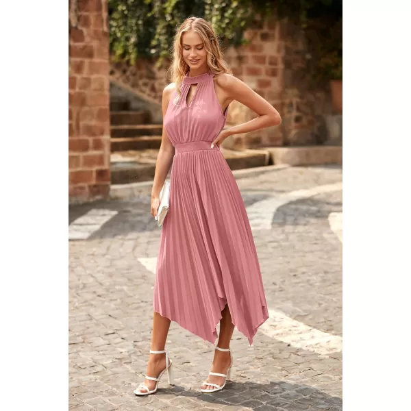 imagePRETTYGARDEN Summer Dress for Women Elegant Halter Neck Cut Out Irregular Hem Pleated Midi ALine Flowy DressesPink