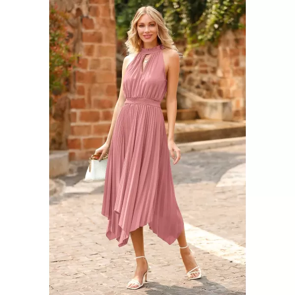 imagePRETTYGARDEN Summer Dress for Women Elegant Halter Neck Cut Out Irregular Hem Pleated Midi ALine Flowy DressesPink