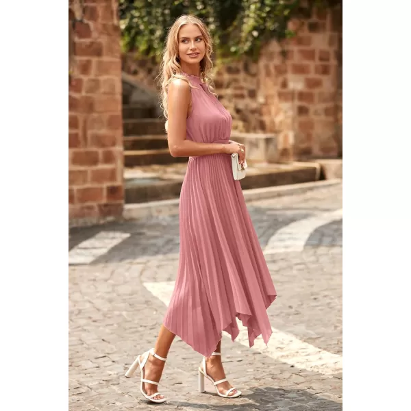 imagePRETTYGARDEN Summer Dress for Women Elegant Halter Neck Cut Out Irregular Hem Pleated Midi ALine Flowy DressesPink