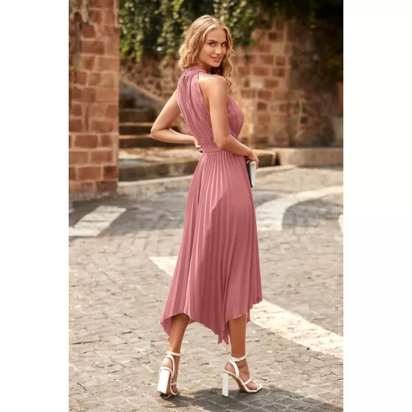 imagePRETTYGARDEN Summer Dress for Women Elegant Halter Neck Cut Out Irregular Hem Pleated Midi ALine Flowy DressesPink