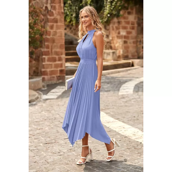 imagePRETTYGARDEN Summer Dress for Women Elegant Halter Neck Cut Out Irregular Hem Pleated Midi ALine Flowy DressesSky Blue
