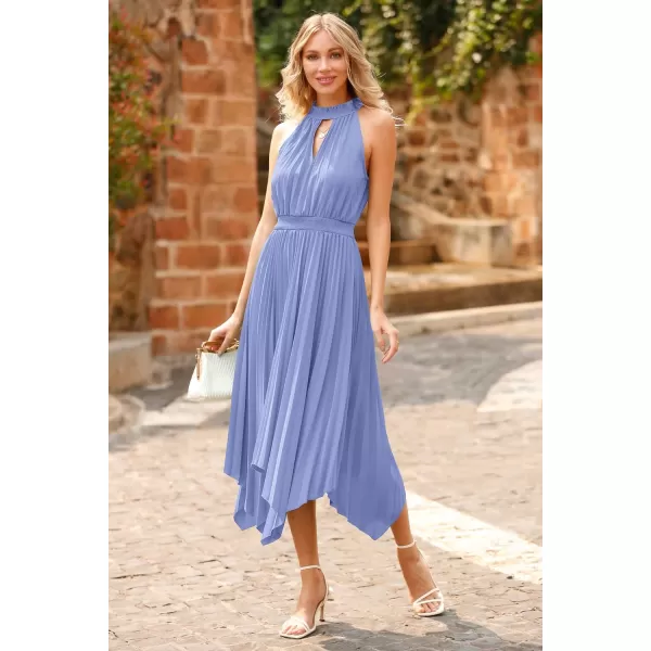 imagePRETTYGARDEN Summer Dress for Women Elegant Halter Neck Cut Out Irregular Hem Pleated Midi ALine Flowy DressesSky Blue