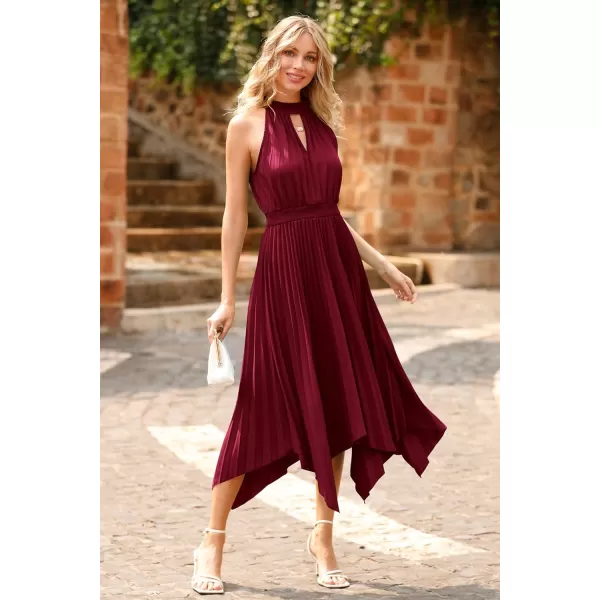 imagePRETTYGARDEN Summer Dress for Women Elegant Halter Neck Cut Out Irregular Hem Pleated Midi ALine Flowy DressesWine Red