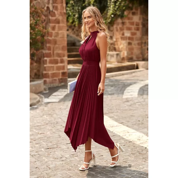 imagePRETTYGARDEN Summer Dress for Women Elegant Halter Neck Cut Out Irregular Hem Pleated Midi ALine Flowy DressesWine Red