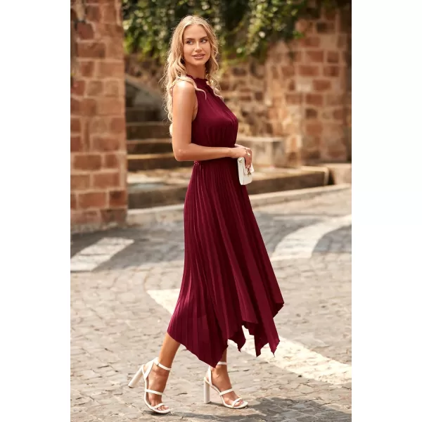 imagePRETTYGARDEN Summer Dress for Women Elegant Halter Neck Cut Out Irregular Hem Pleated Midi ALine Flowy DressesWine Red