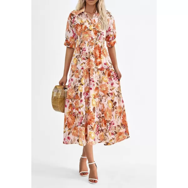 imagePRETTYGARDEN Summer Dress for Women Short Sleeve Button Up Ruffle A Line Flowy Maxi DressesFloral Apricot Orange
