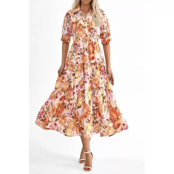imagePRETTYGARDEN Summer Dress for Women Short Sleeve Button Up Ruffle A Line Flowy Maxi DressesFloral Apricot Orange