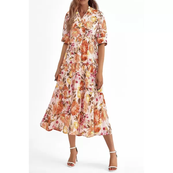 imagePRETTYGARDEN Summer Dress for Women Short Sleeve Button Up Ruffle A Line Flowy Maxi DressesFloral Apricot Orange