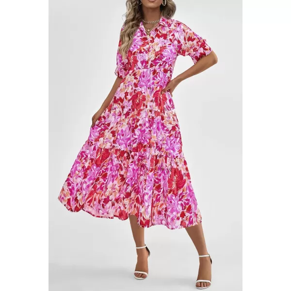 imagePRETTYGARDEN Summer Dress for Women Short Sleeve Button Up Ruffle A Line Flowy Maxi DressesFloral Pink Red
