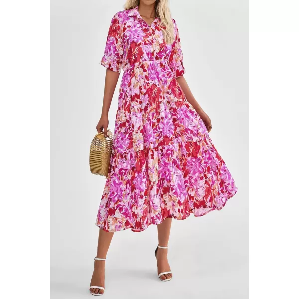 imagePRETTYGARDEN Summer Dress for Women Short Sleeve Button Up Ruffle A Line Flowy Maxi DressesFloral Pink Red