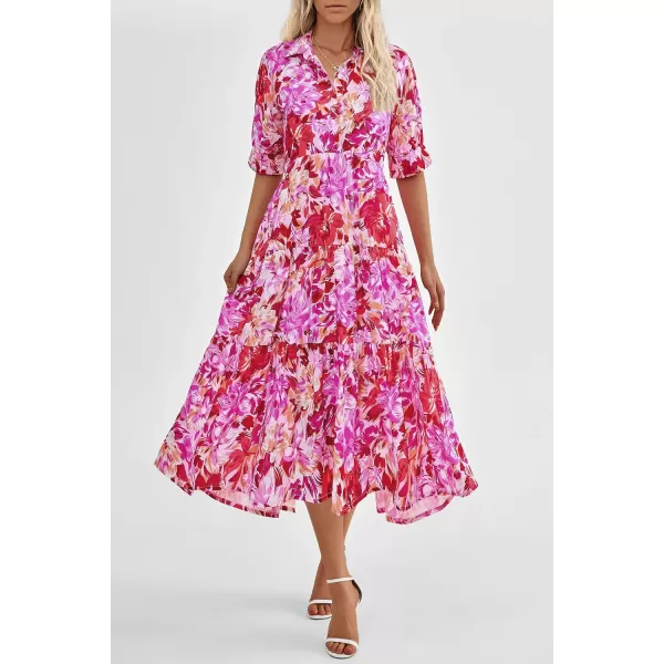 imagePRETTYGARDEN Summer Dress for Women Short Sleeve Button Up Ruffle A Line Flowy Maxi DressesFloral Pink Red