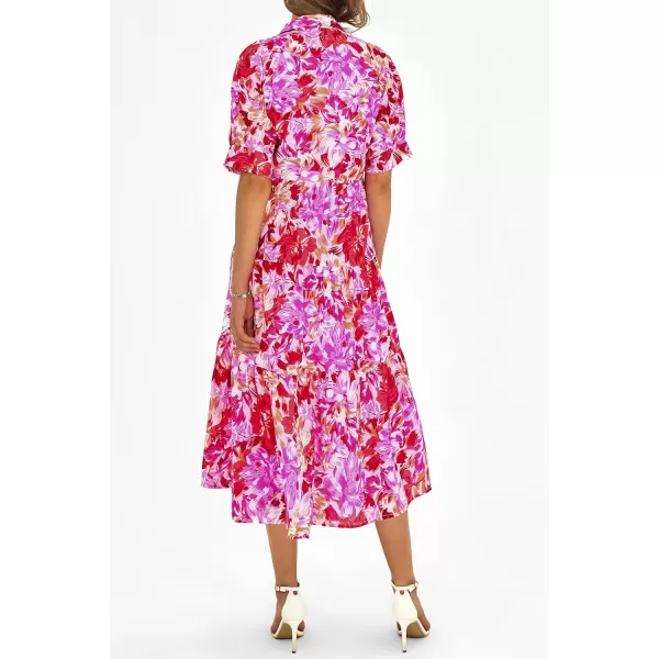 imagePRETTYGARDEN Summer Dress for Women Short Sleeve Button Up Ruffle A Line Flowy Maxi DressesFloral Pink Red