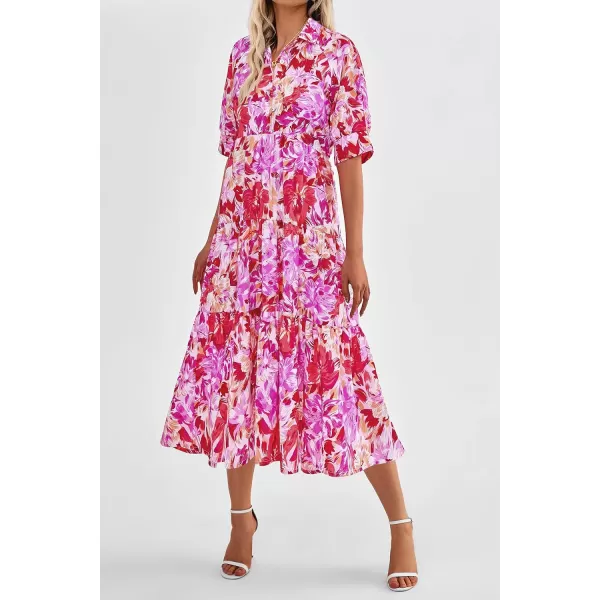 imagePRETTYGARDEN Summer Dress for Women Short Sleeve Button Up Ruffle A Line Flowy Maxi DressesFloral Pink Red