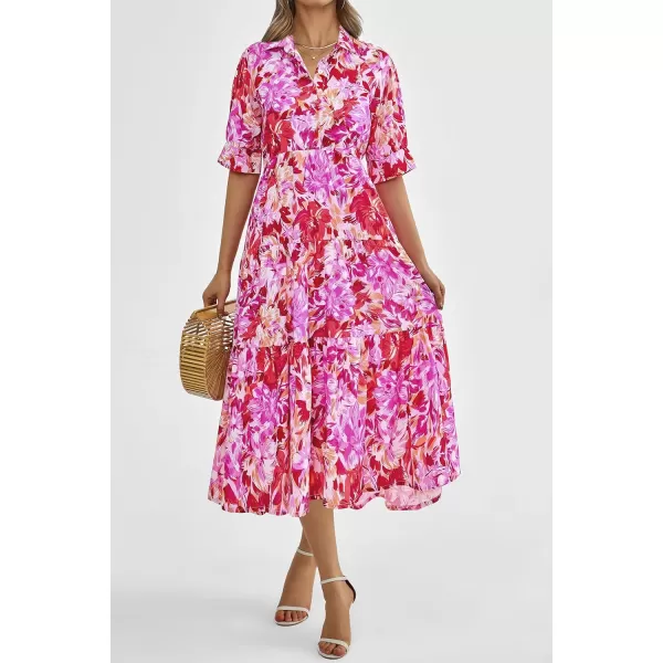 imagePRETTYGARDEN Summer Dress for Women Short Sleeve Button Up Ruffle A Line Flowy Maxi DressesFloral Pink Red