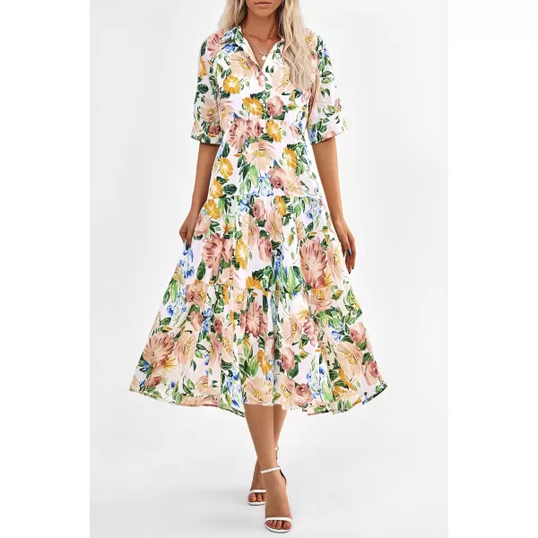 imagePRETTYGARDEN Summer Dress for Women Short Sleeve Button Up Ruffle A Line Flowy Maxi DressesFloral White Apricot