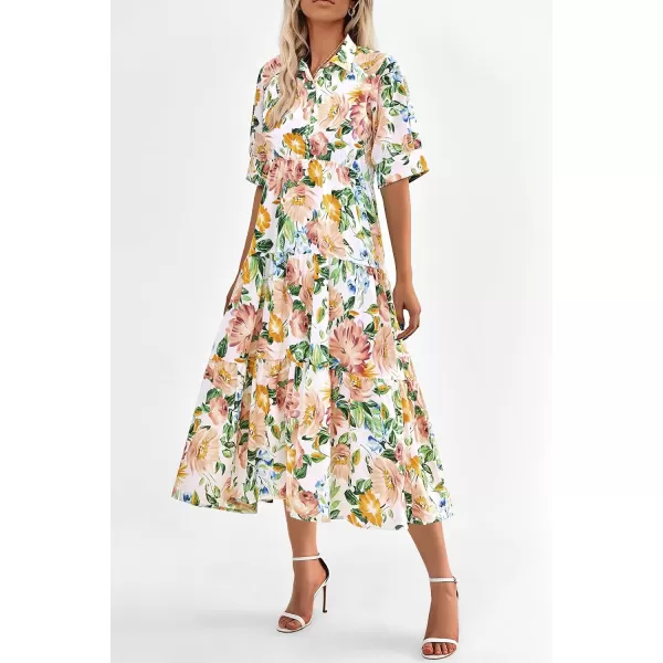 imagePRETTYGARDEN Summer Dress for Women Short Sleeve Button Up Ruffle A Line Flowy Maxi DressesFloral White Apricot