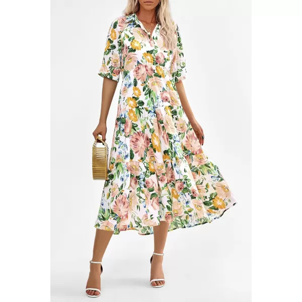 imagePRETTYGARDEN Summer Dress for Women Short Sleeve Button Up Ruffle A Line Flowy Maxi DressesFloral White Apricot