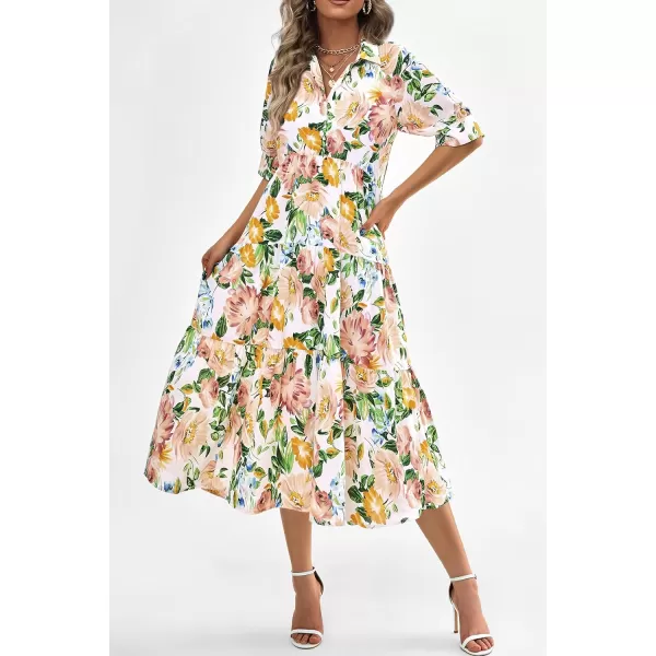 imagePRETTYGARDEN Summer Dress for Women Short Sleeve Button Up Ruffle A Line Flowy Maxi DressesFloral White Apricot