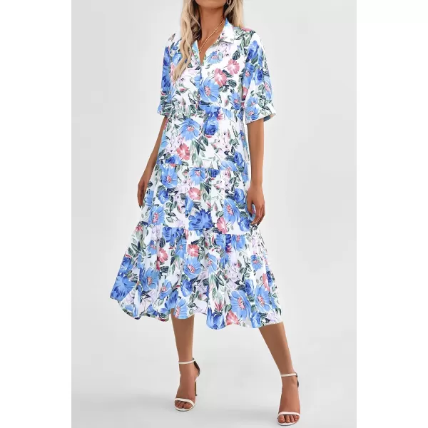 imagePRETTYGARDEN Summer Dress for Women Short Sleeve Button Up Ruffle A Line Flowy Maxi DressesFloral White Blue