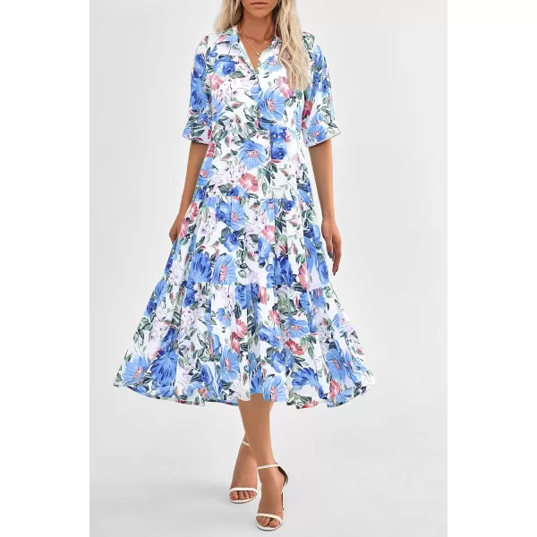 imagePRETTYGARDEN Summer Dress for Women Short Sleeve Button Up Ruffle A Line Flowy Maxi DressesFloral White Blue