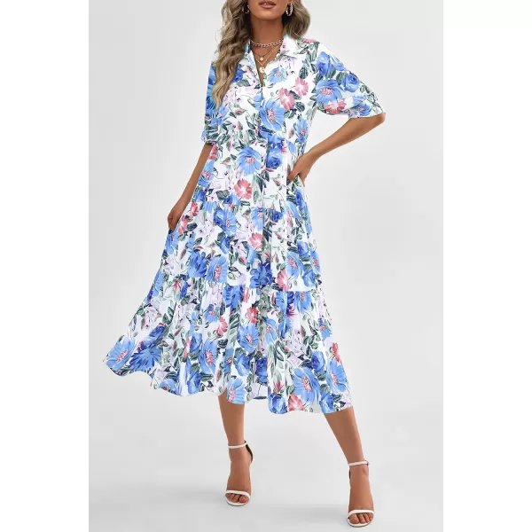 imagePRETTYGARDEN Summer Dress for Women Short Sleeve Button Up Ruffle A Line Flowy Maxi DressesFloral White Blue