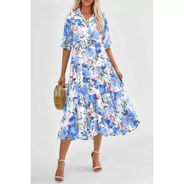 imagePRETTYGARDEN Summer Dress for Women Short Sleeve Button Up Ruffle A Line Flowy Maxi DressesFloral White Blue