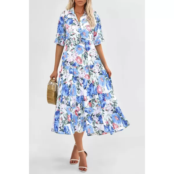 imagePRETTYGARDEN Summer Dress for Women Short Sleeve Button Up Ruffle A Line Flowy Maxi DressesFloral White Blue