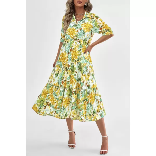 imagePRETTYGARDEN Summer Dress for Women Short Sleeve Button Up Ruffle A Line Flowy Maxi DressesFloral White Yellow