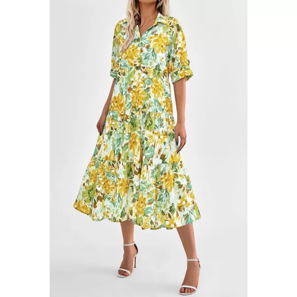 imagePRETTYGARDEN Summer Dress for Women Short Sleeve Button Up Ruffle A Line Flowy Maxi DressesFloral White Yellow
