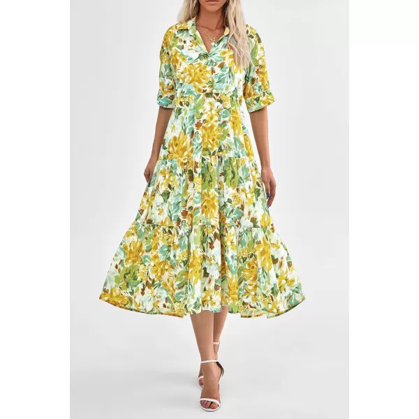 imagePRETTYGARDEN Summer Dress for Women Short Sleeve Button Up Ruffle A Line Flowy Maxi DressesFloral White Yellow