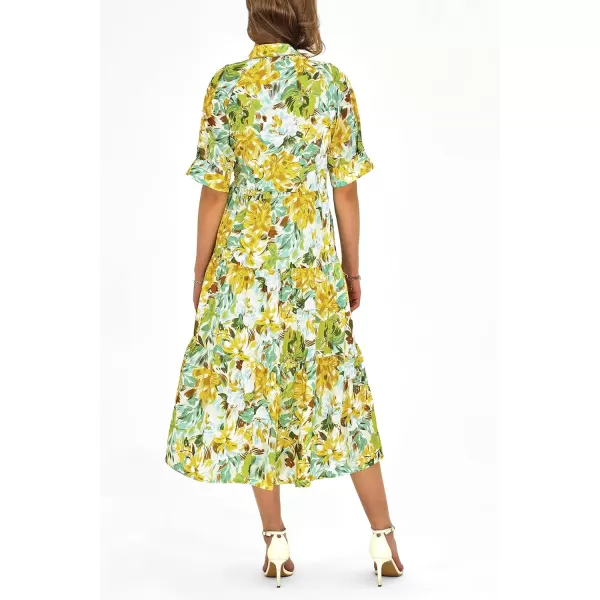 imagePRETTYGARDEN Summer Dress for Women Short Sleeve Button Up Ruffle A Line Flowy Maxi DressesFloral White Yellow