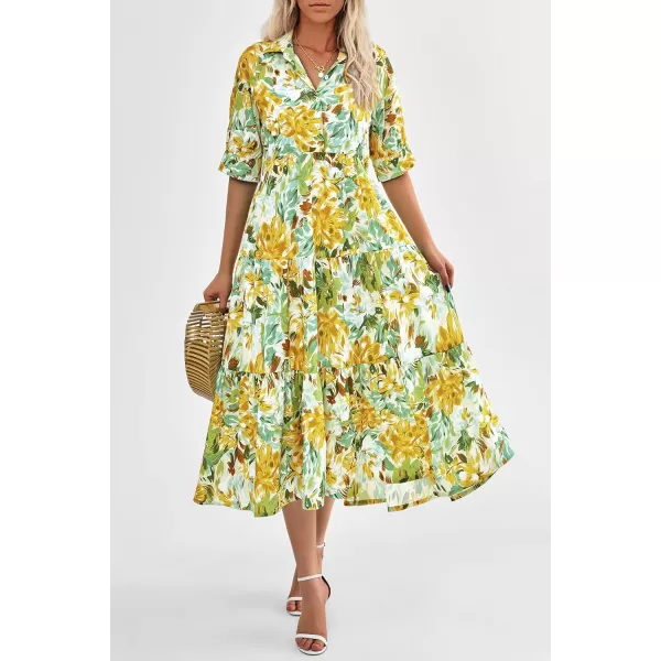 imagePRETTYGARDEN Summer Dress for Women Short Sleeve Button Up Ruffle A Line Flowy Maxi DressesFloral White Yellow