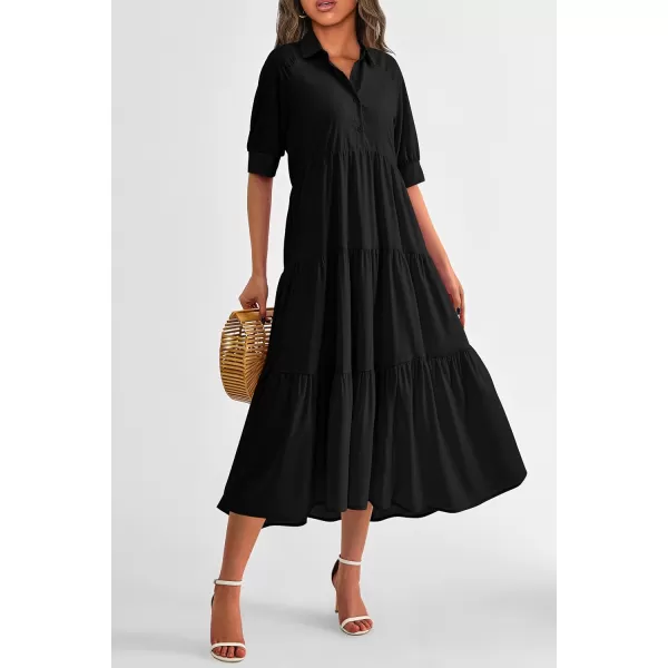 imagePRETTYGARDEN Summer Dress for Women Short Sleeve Button Up Ruffle A Line Flowy Maxi DressesSolid Black