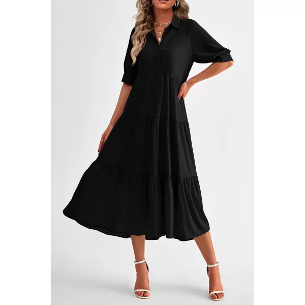 imagePRETTYGARDEN Summer Dress for Women Short Sleeve Button Up Ruffle A Line Flowy Maxi DressesSolid Black