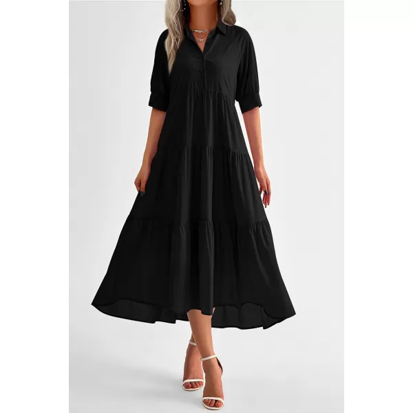 imagePRETTYGARDEN Summer Dress for Women Short Sleeve Button Up Ruffle A Line Flowy Maxi DressesSolid Black