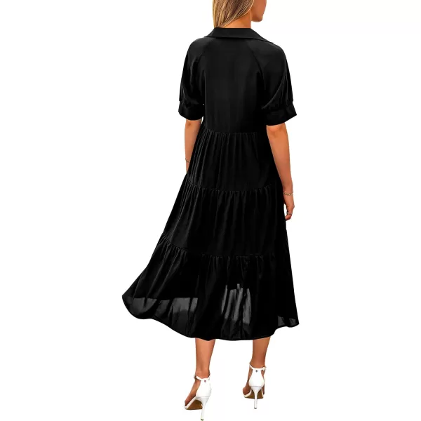imagePRETTYGARDEN Summer Dress for Women Short Sleeve Button Up Ruffle A Line Flowy Maxi DressesSolid Black