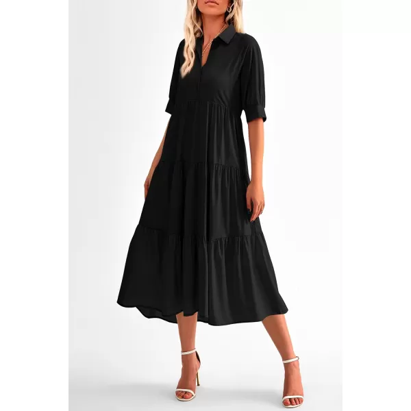 imagePRETTYGARDEN Summer Dress for Women Short Sleeve Button Up Ruffle A Line Flowy Maxi DressesSolid Black