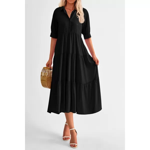 imagePRETTYGARDEN Summer Dress for Women Short Sleeve Button Up Ruffle A Line Flowy Maxi DressesSolid Black